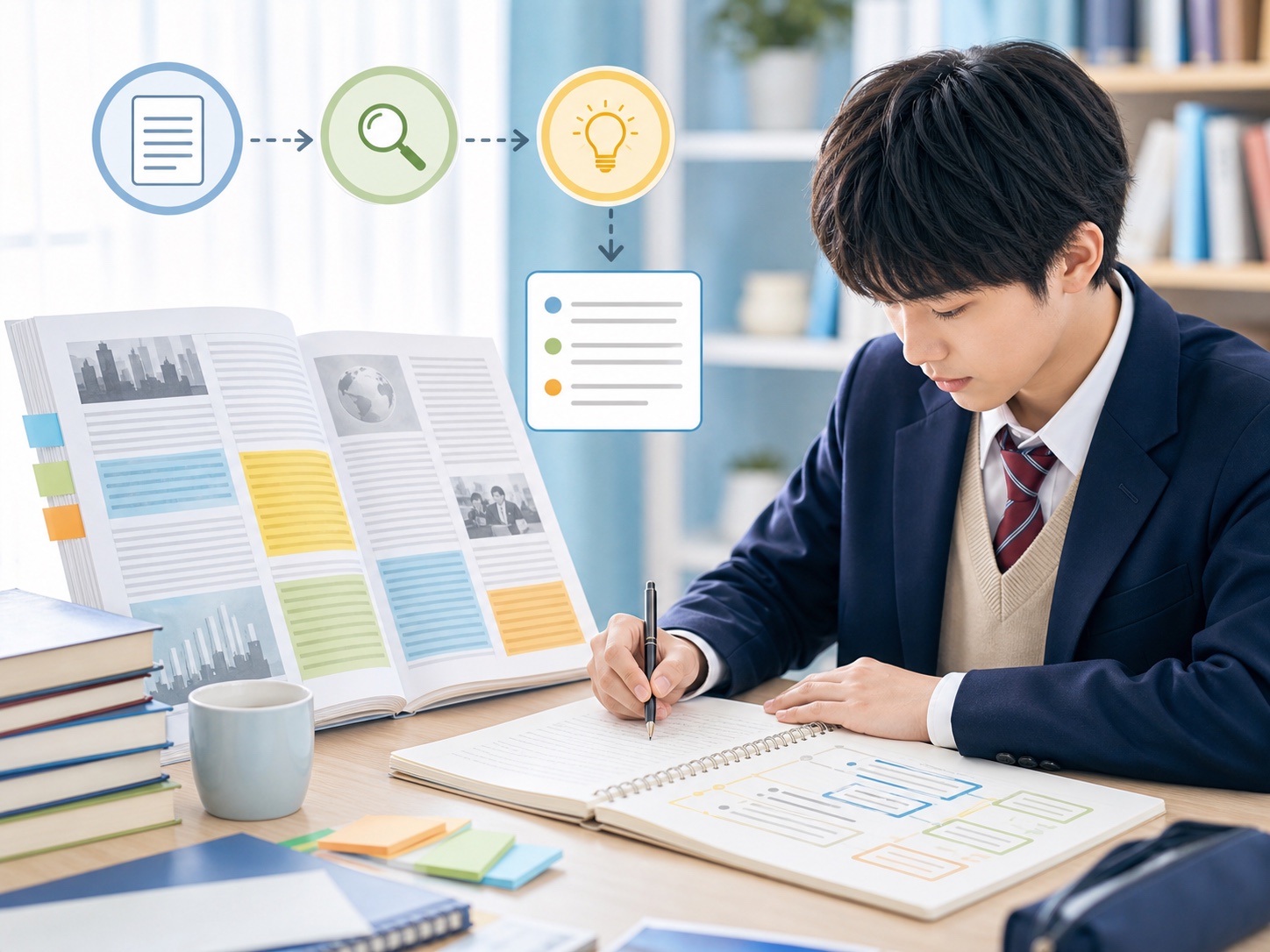 英検2級の社会的な長文と要約問題を整理する高校生のイメージ