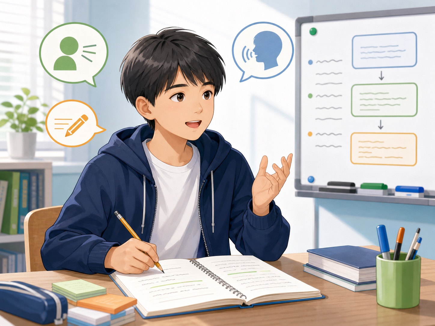 英検3級のライティングと面接練習に取り組む中学生のイメージ