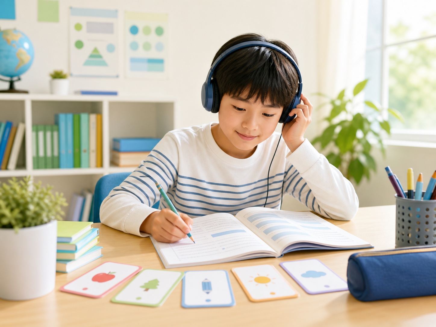 英検4級の短い長文とリスニングを練習する小学生のイメージ