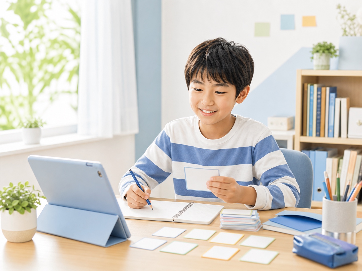 単語カードとタブレットを使って英検5級の基本単語を練習する小学生のイメージ