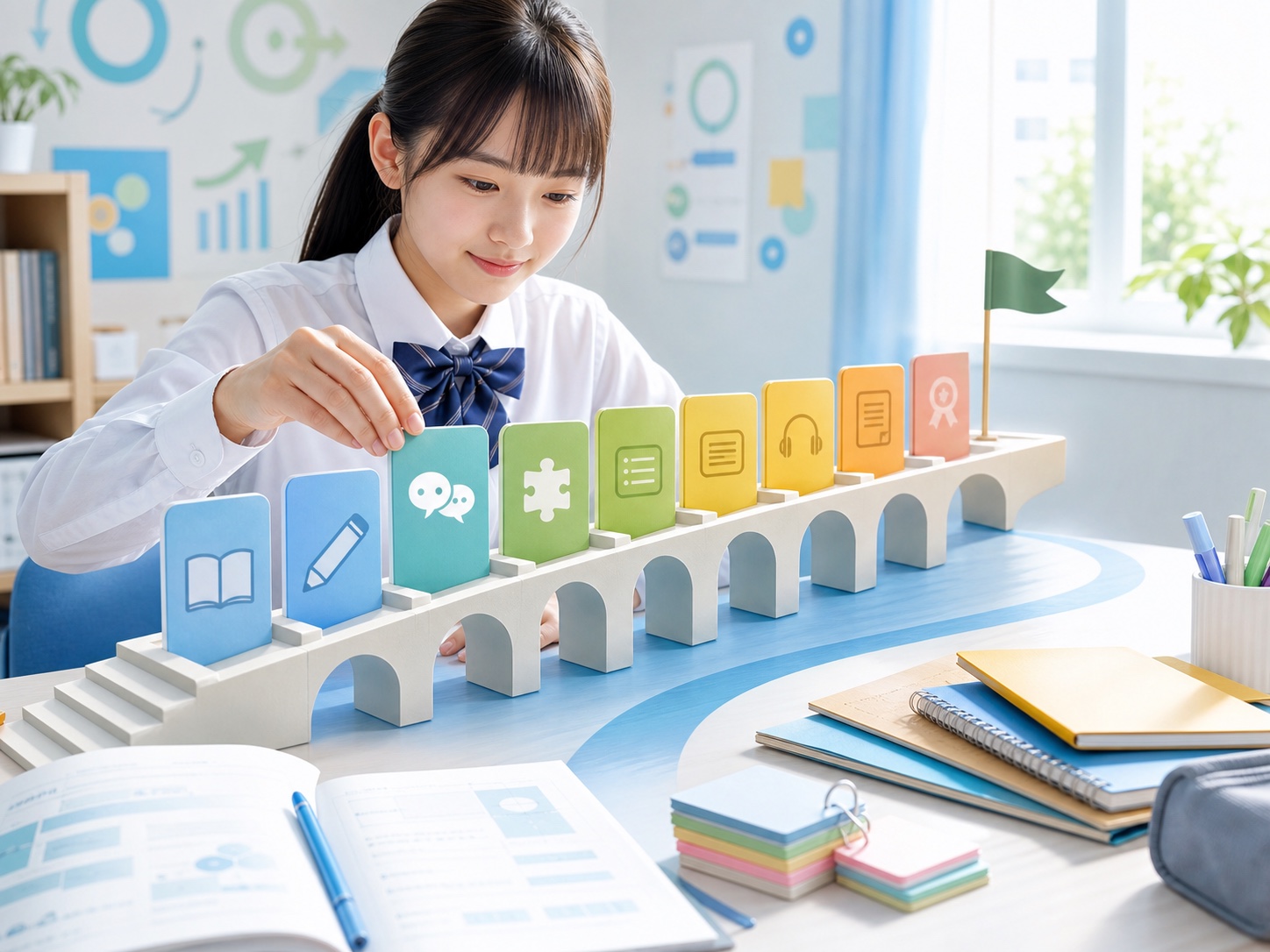 英検準2級から高校中級程度へ進むための学習ステップを整理するイメージ