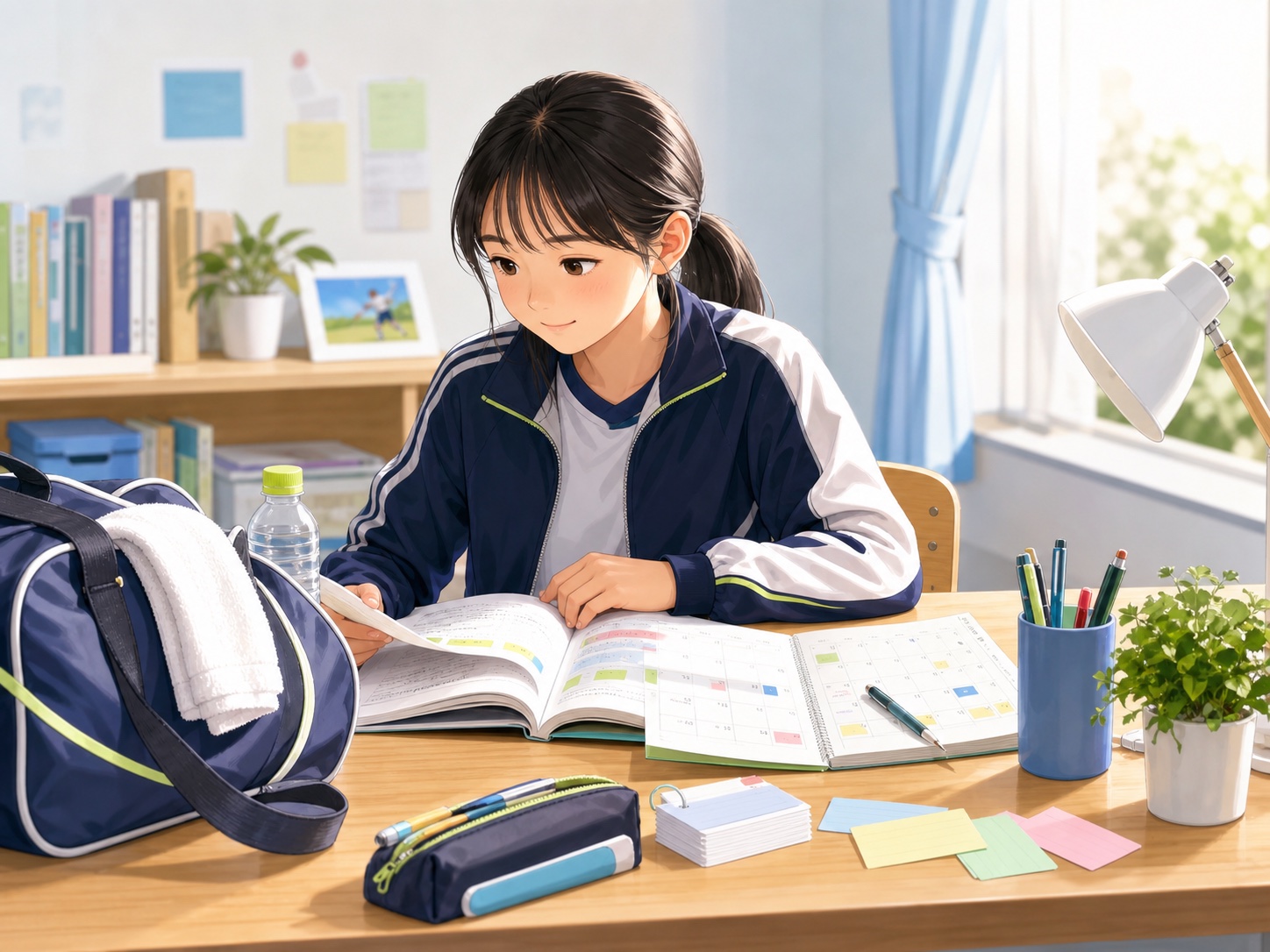 部活のバッグと英検教材を並べて学習計画を立てる中学生のイメージ