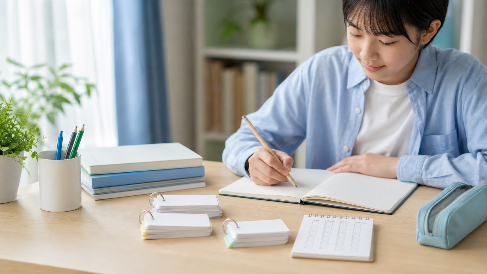 ノートと単語カードで毎日の英検学習に取り組む生徒