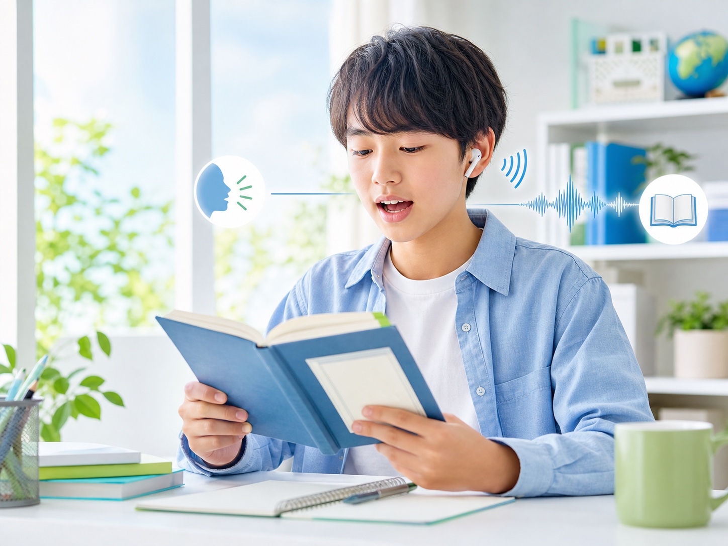 英検の英文を音読しながら音声を聞く中学生のイメージ